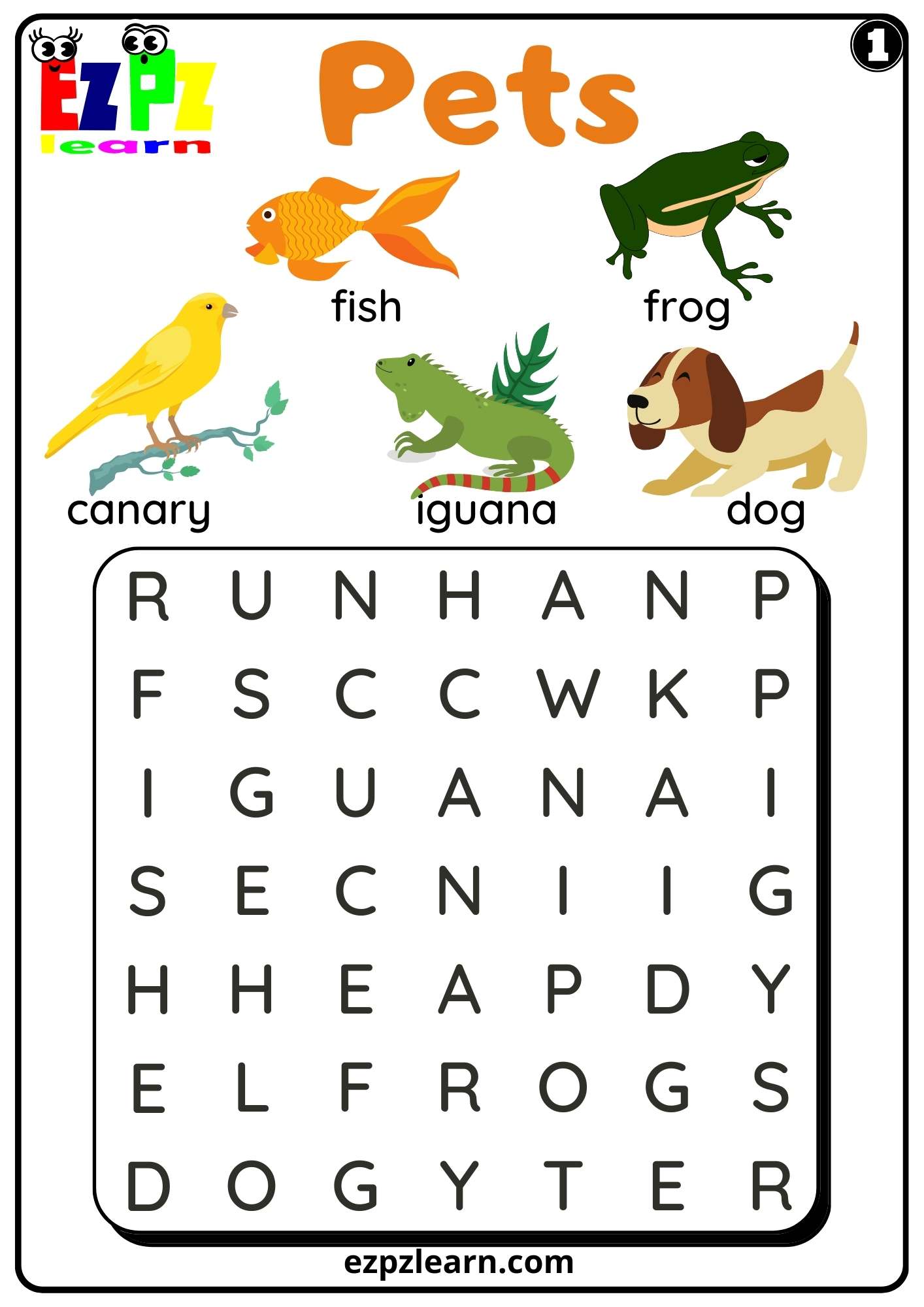 Pets Word Search set 1 Worksheet For Kids and ESL PDF Download